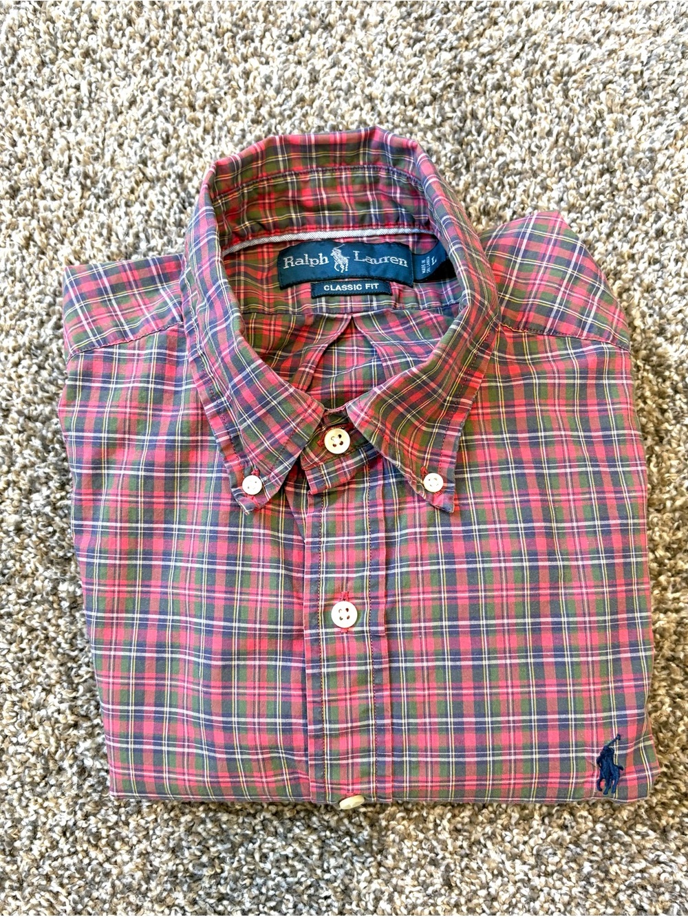 Ralph Lauren Pink & Green Plaid Button-Down Short Sleeve Shirt SZ Large